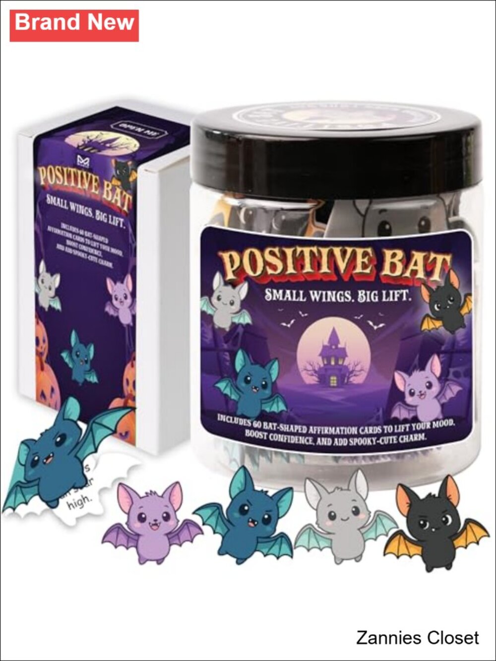 👻 Bat Shaped Affirmation Cards Jar 60 Card Set Halloween